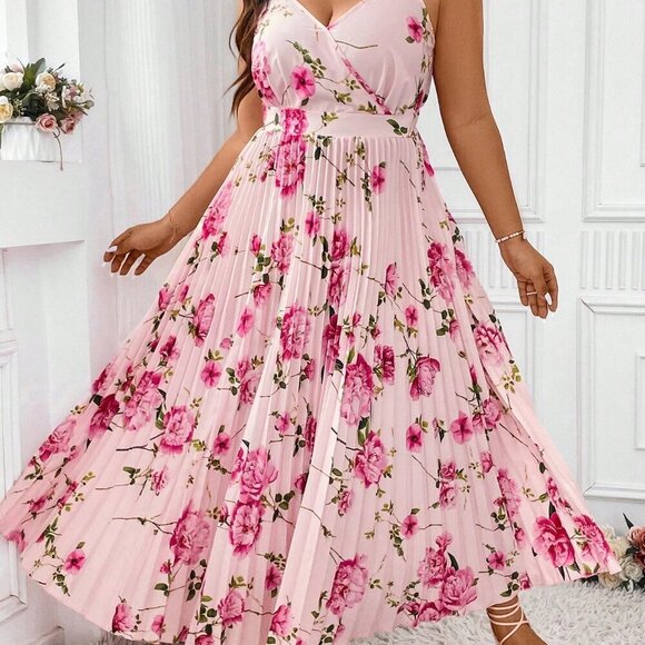 Pink Boho Women's Plus Size Floral Printed Pleated Sleeveless Cami Dress Outfit - Picture 6 of 7